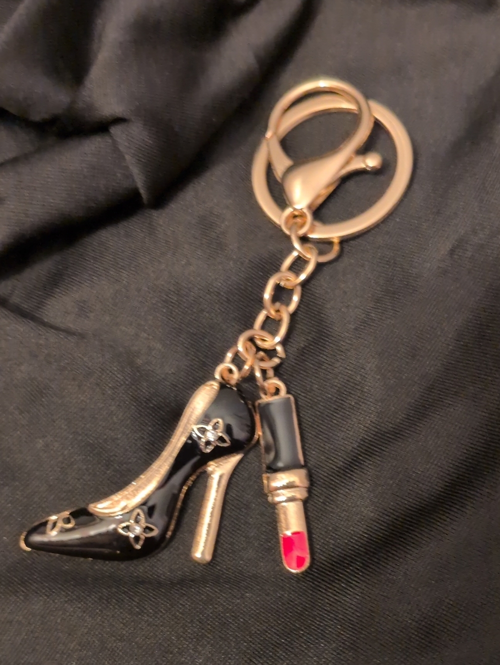 Gold-Tone Black High Heel & Lipstick Keychain/Bag Charm.